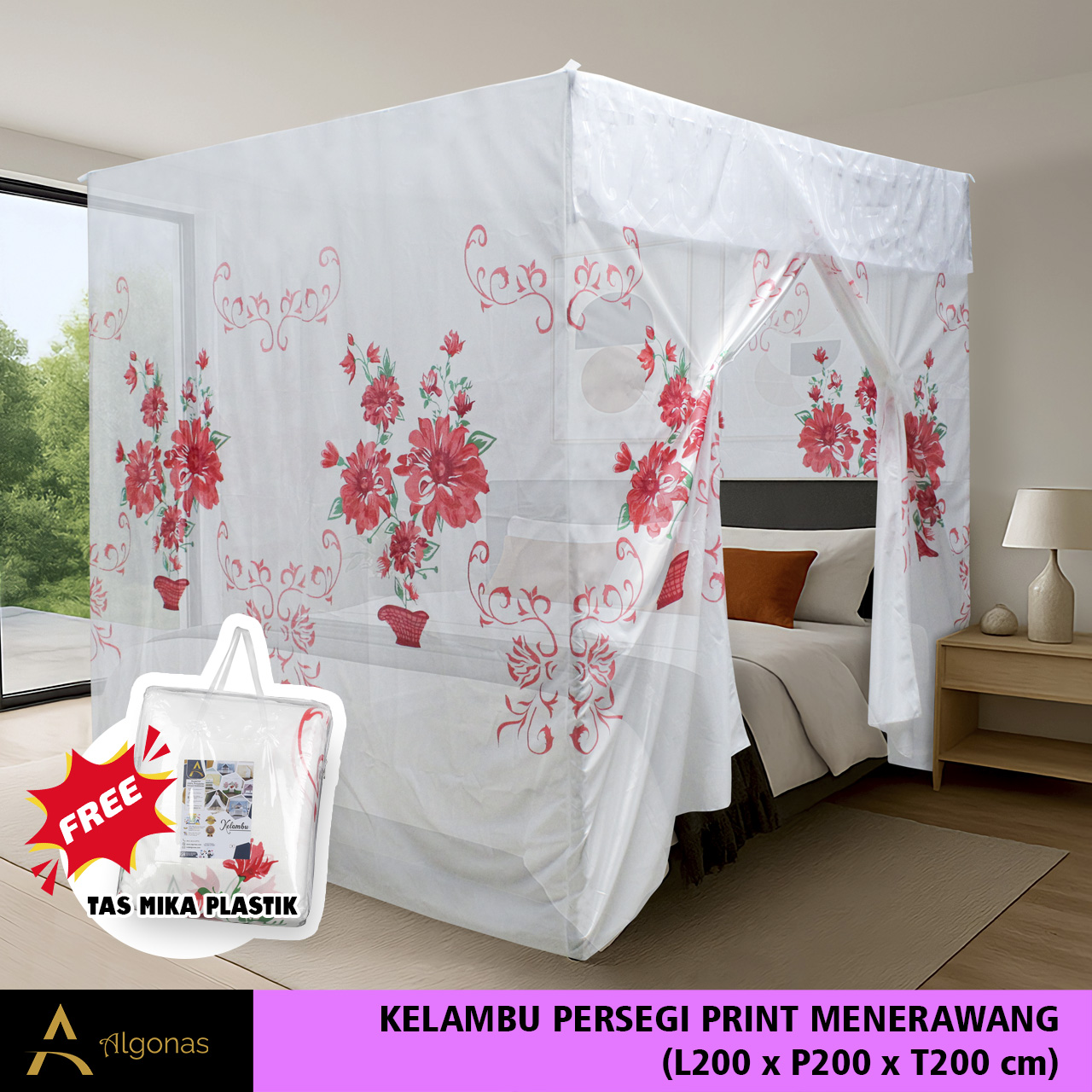 Kelambu Tidur Persegi Print Jumbo Jaring Rapat Menerawang L200xP200xT200