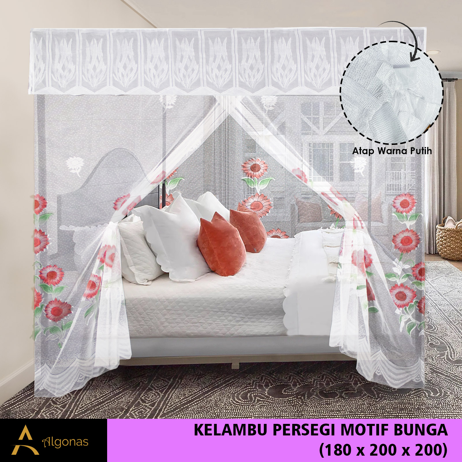 Kelambu Tidur Persegi Print Bunga Anti Nyamuk King Size No.1