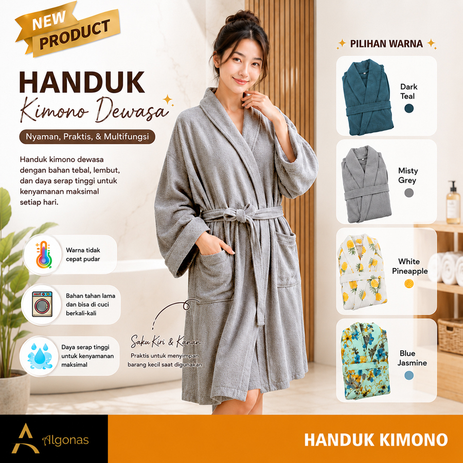 Handuk Kimono Dewasa Motif Polos / Baju Handuk Mandi Premium Quality