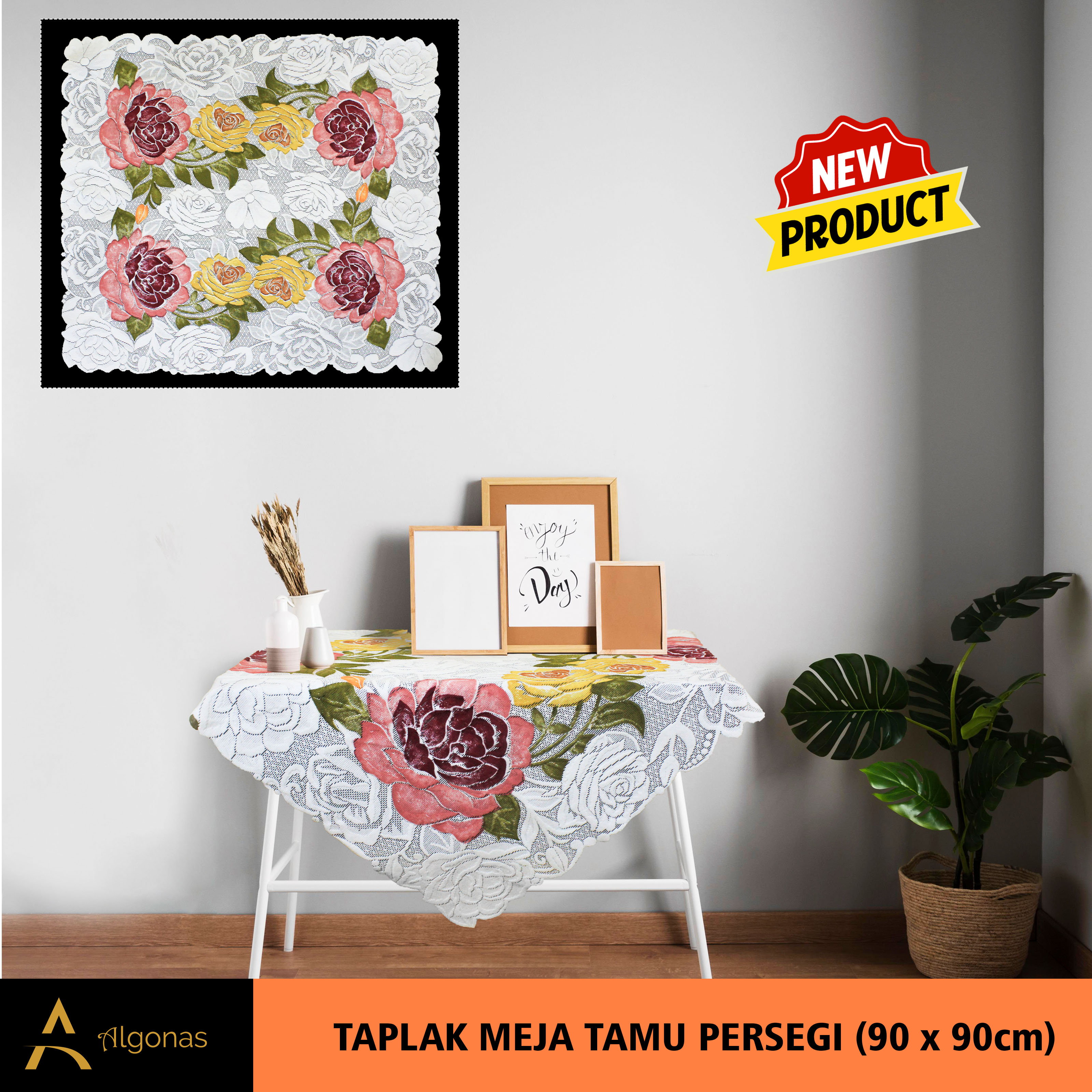 Taplak Meja Tamu Persegi Motif Bunga 3D 90x90